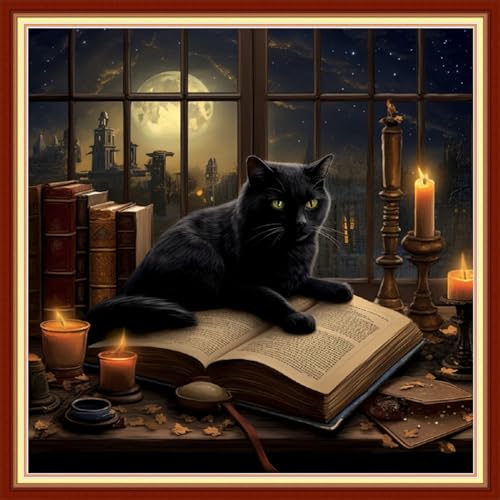 Image of Dimxvean Stamped Cross Stitch Kits,Cross Stitch Kits for Adults Beginners,Embroidery Kits Full Range of Cross Stitch Stamped Kits Needlepoint Kits Cross Stitch Patterns-Cat Book 18x18 inch