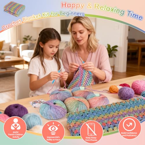 Image of Aeelike Blanket Crochet Kit for Beginners, Super Easy Crochet Blanket Kit with Soft & Colorful Gradient Yarns Detailed Video Tutorials Crocheting Accessories, Rainbow Gradient & Ideal Gift