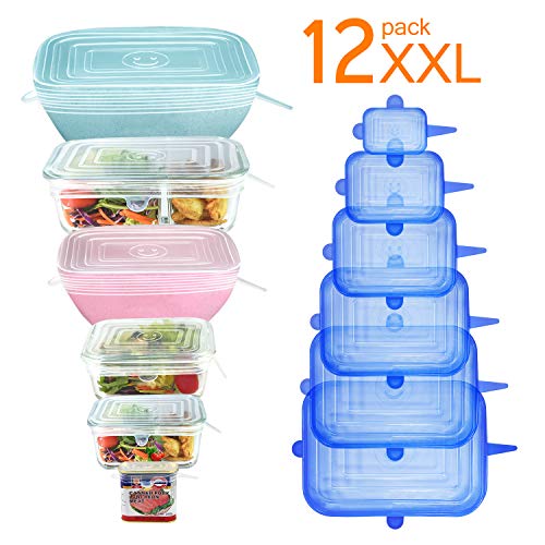 [12Pack] Longzon 12pcs Silicone Stretch Lids Square, Reusable Durable Rectangular Food Storage Covers