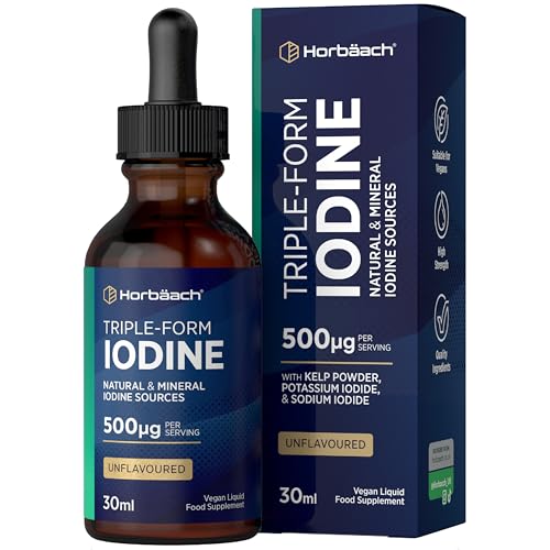 Iodine Liquid 500mcg | Natural Triple Form Iodine from Kelp Extract Potassium Iodide & Sodium Iodide | 30ml Vegan Liquid - Unflavoured | by Horbaach