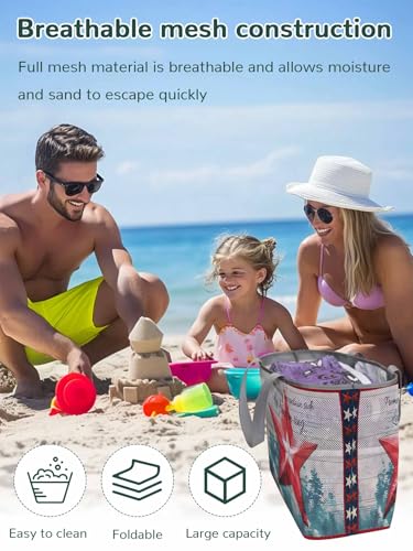 Beach Bags Women Mesh Tote Bag 4th of July Vintage Red Patriotic Star Toy Grocery Pool Bag with Pockets for Travel/Picnic2