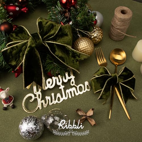 Image of Ribbli Olive Green Velvet Wired Ribbon 2.5 Inch Metallic Olive Green Crushed Velvet Christmas Ribbon for Gift Wrapping Christmas Tree Decoration Crafts Wreaths Supplies-Continuous 10 Yards