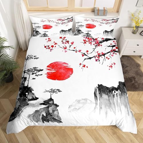 Ensemble de literie Ukiyo E Japonais Sakura Rouge soleil Housse de Couette 220x240cm Enfants Garçons Filles Encre style Japonais Parure de Lit style exotique...