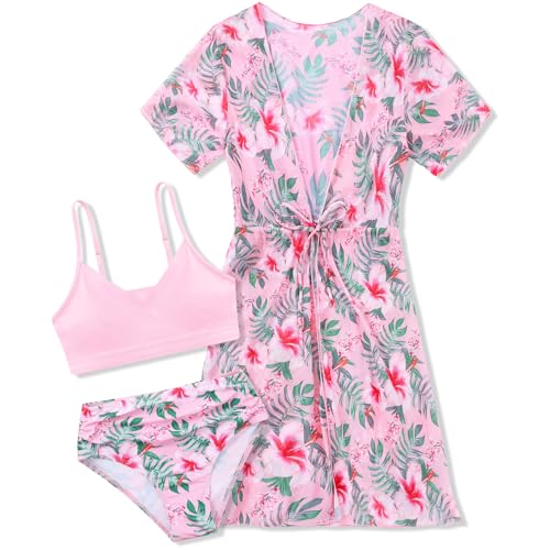 Girls Swimsuit 3 Piece Tropical Print Bikini Set Teens Bathing Suit with Drawstring Quick Dry Cover Up 9-16Y