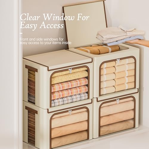 Image of Yecaye Clothes Storage Bins with Metal Frame, Foldable Clothing Storage Bin with Lid, Stackable Oxford Fabric Organizer Box With Clear Window & Zippers & PU Leather Handles (3 Pack,Beige,66L)