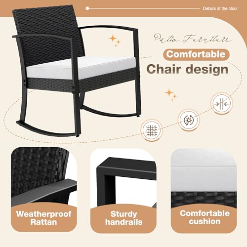 Image of Greesum 3 Pieces Outdoor Furniture Set Patio Bistro Rocking Chairs with Glass Coffee Table for Pool Beach Backyard Balcony Porch Deck Garden, White