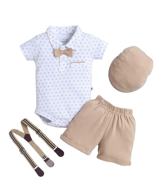Image of BUMZEE Boys Regular Fit Half Sleeves Collar Neck Cotton Bodysuit & Short Set With Applique Bow Suspender & Cap