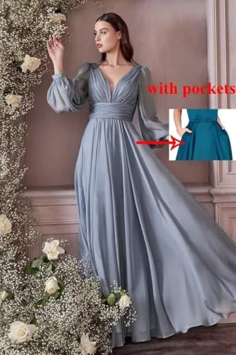 Chiffon Bridesmaid Dresses Long Pleated for Women V Neck Formal Party Maxi Gown with Long Puffy Sleeves DR01093