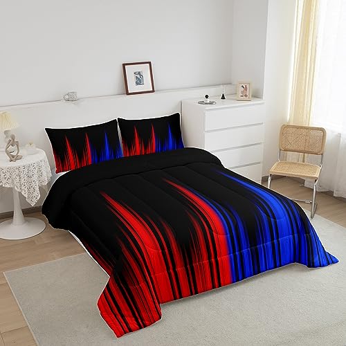 Image of Feelyou Abstract Ombre Comforter Set Queen, Red Blue and Black Comforter Ombre Striped Comforter for Kids Toddler Geometrics Lines Duvet Set 3Pcs