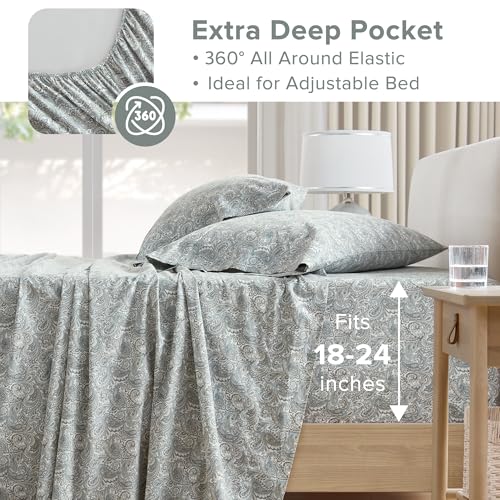 Comfort Spaces Extra Deep Pocket, 100% Cotton King Fits up to 24" Mattress, Breathable, Naturally Cool Cotton, Soft Cotton Sheets, All Seasons Sheet Set, Paisley 4 Piece