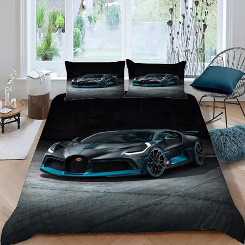 Funda Nordica Cama 150 135 90 Juvenil con Cremallera,Funda Edredon Coche Deportivo Microfibra 135X200 + 50X75 Funda De Almohada,3D Juego De Ropa De Cama Verano Invierno,Negro Auto,A3