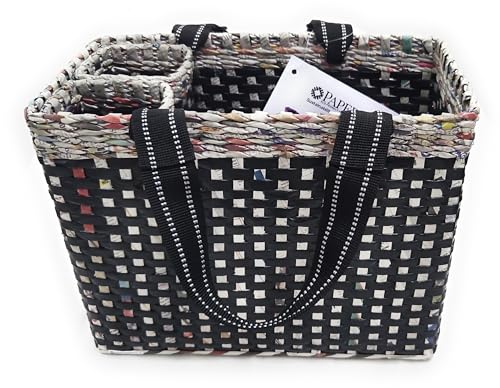 Image of Paperus, Black Check, Large, Lunch Bag with 2 Water Bottle Holders, Picnic Basket, Travel Bag, Eco-Friendly, Handmade, of Paper Ropes, Length 14 inch, Height 11 inch & 7 Inch Broad Base