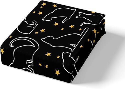 Miniatura 4 de Sábana bajera ajustable de dibujos animados de gatos de tamaño matrimonial, diseño de animales lindos con estrellas amarillas, ropa de cama de tela