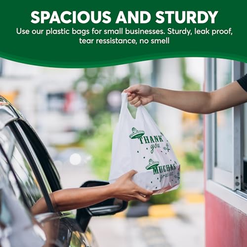 Popular Shop Stop White Plastic Shopping Bags with Handles, 11.5\" x 7.5\" x 22\", Thank You Muchas Gracias Print (Thank You Gracias, 1000, Piece)