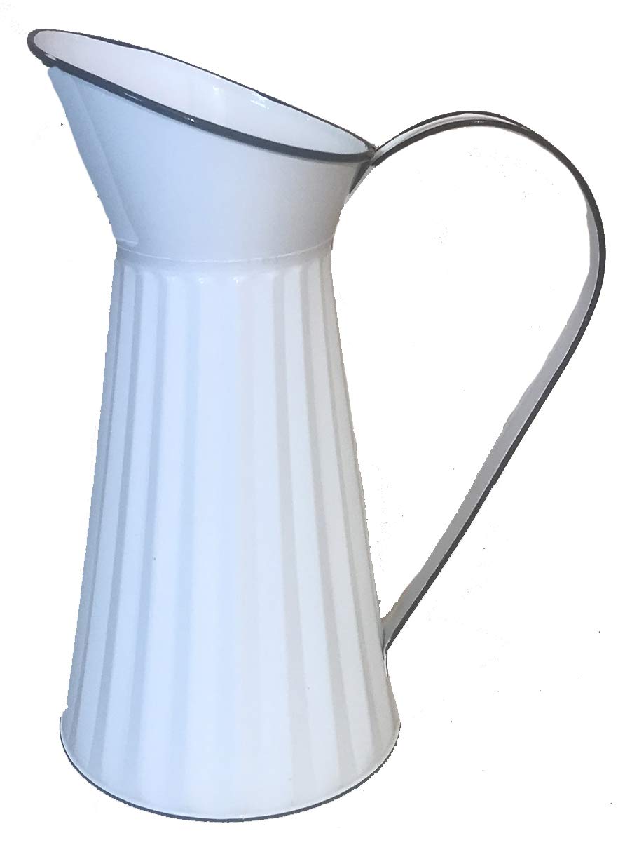Enamel Metal Pitcher Vase. Vintage Style, Lightly Distressed Finish, Farmhouse Inspired (White)