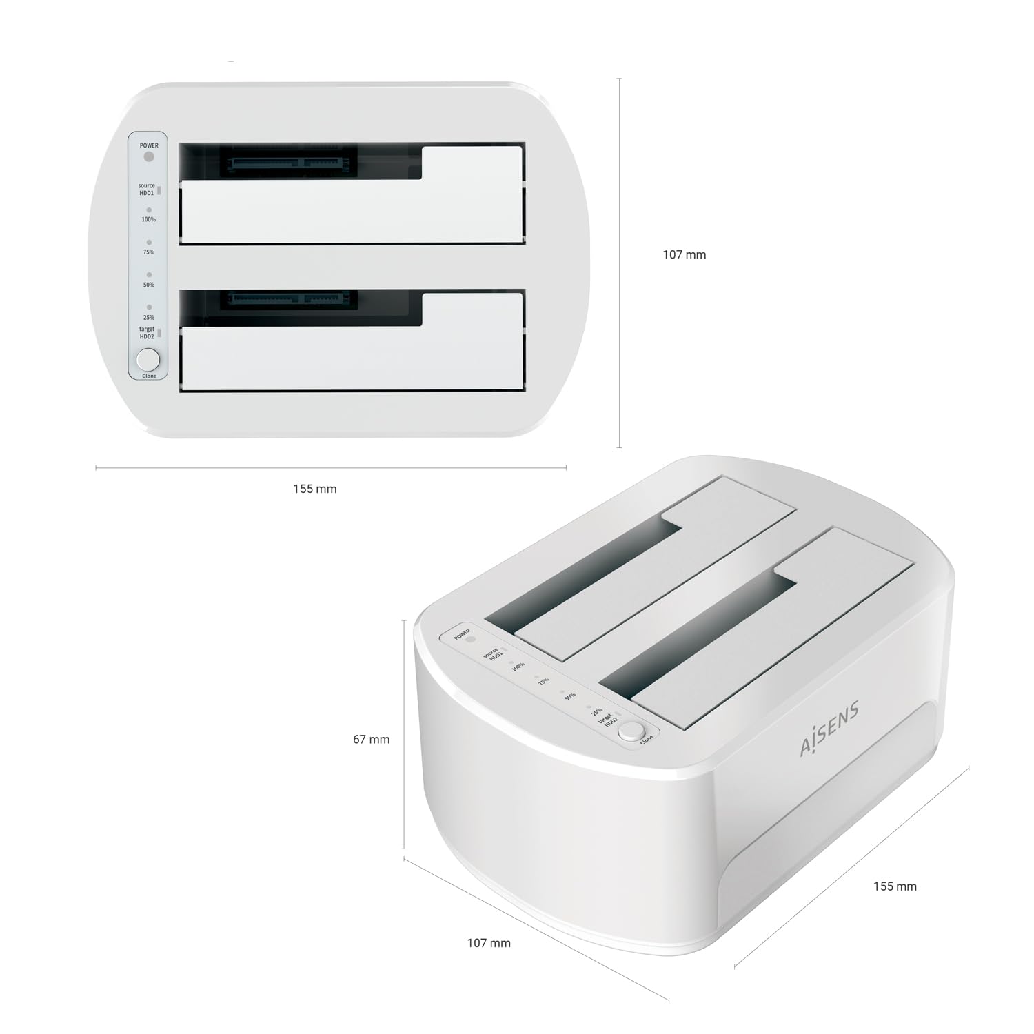 AISENS - ASDS-D02W - Estacion de Docking de Doble Bahia Asds-D02W SATA 2.5/3.5 A USB 3.0/3.1 Gen1, Clone, Blanca