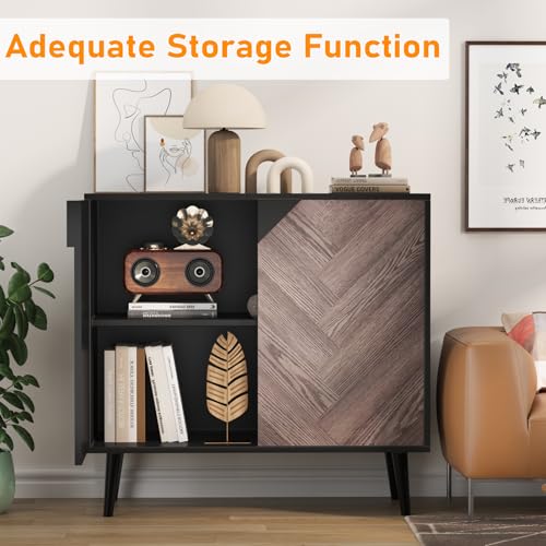 Garvee Modern Storage Free Standing Accent Cabinet, Buffet Cabinet with Doors, Wood Finish Sideboard Buffet with Storage for Dining Room, Entryway, Black+Grey Grain, 31.5 Inch