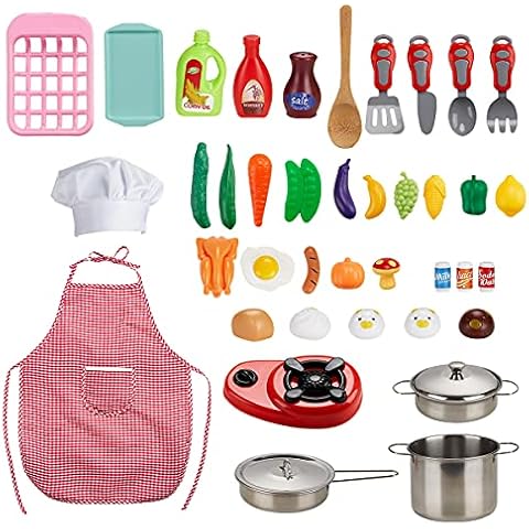 Locisne 42 PCS Children Kitchen Playsets, Mini Colorful Food Toys Kits - Cooking & Baking Set with Stainless Steel Cookware Pots and Pans Set, Apron & Chef Hat, Cutting Play Vegetables Cover