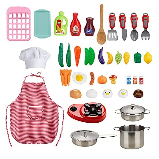 Locisne Juego de 42 juegos de cocina para niños, mini juegos de juguetes de comida coloridos, juego de cocina y horneado con ollas y sartenes de acero inoxidable, delantal y sombrero de chef