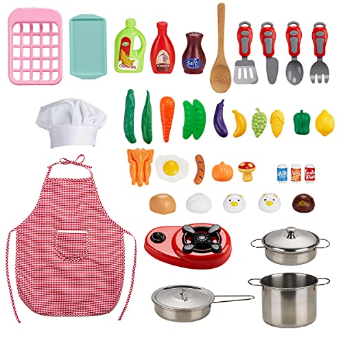 Locisne Jeu de Cuisine pour Enfants de 42 pièces, Mini Jouets Alimentaires colorés - Cuisine en Plastique en Acier Inoxydable avec Tablier et Toque Ensemble de Cuisson, Jeu de hachage