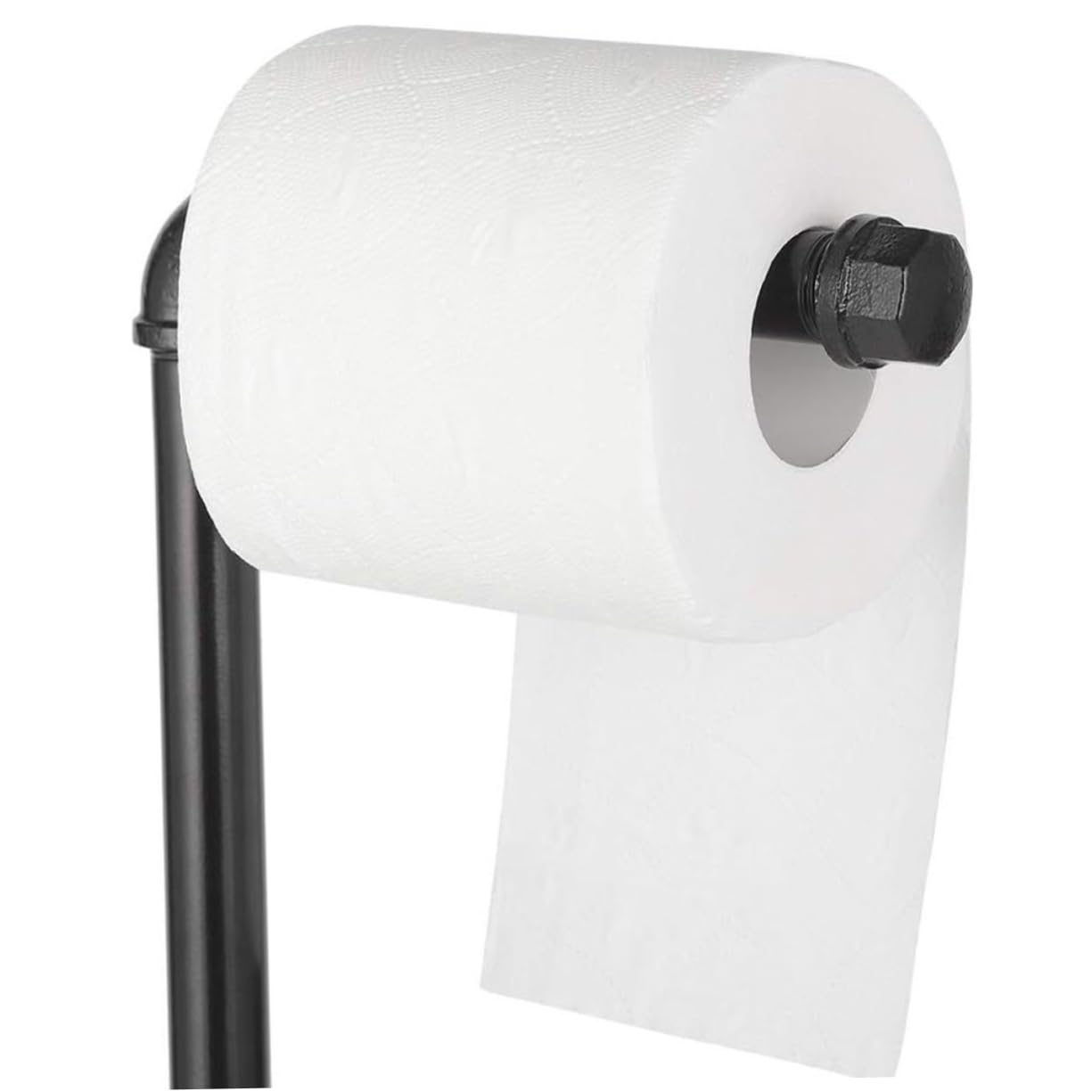 Portarotolo da Terra in Ferro Nero, Design Verticale Stile Vintage Industriale, per Bagno, Ampio Spazio di Appoggio e Facile Accesso alla Carta Igienica