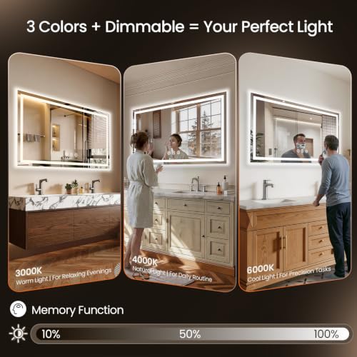 Image of 55x30 LED Bathroom Mirror with Anti-Fog, Backlit & Front Lit, Memory | Stepless Dimmable 3 Color CRI 95+ Shatterproof Tempered Glass ETL Listed for Safety Lighted Bathroom Vanity Mirror for Wall