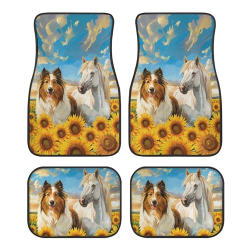Allhaitong Juego de 4 alfombrillas suaves de ajuste universal para automóvil, alfombrillas protectoras para la mayoría de sedán, SUV, camiones, perros, caballos y girasoles