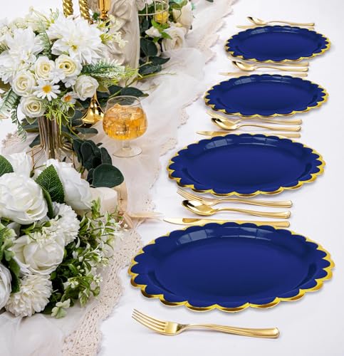 Image of HEIPINIUYE 50 Pieces Blue Paper Plates with Gold Foil 7 Inch Disposable Blue and Gold Scalloped Dinner Plates for Wedding Baby Shower Birthday Party Dessert Plate