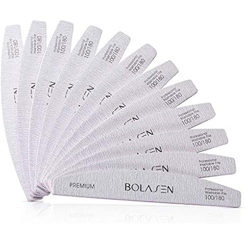 Nail File 100/180 Grit, BOLASEN 12 Pack Acrylic Nail File, Professional 100 180 Grit Nail Files, Double Sided Emery Board, Long Lasting Premium Washable Nail Files for Acrylic Nails & False Nails Cover