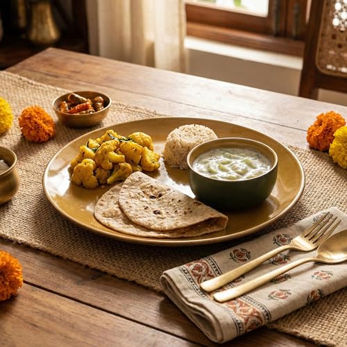 Image of The Earth Store Handcrafted Mustard Novelle 8 Piece Ceramic Dinner Set, 4 Full Dinner Plates, 4 Vegetable Bowls | Microwave & Dishwasher Safe | Ceramic Plate | Katori