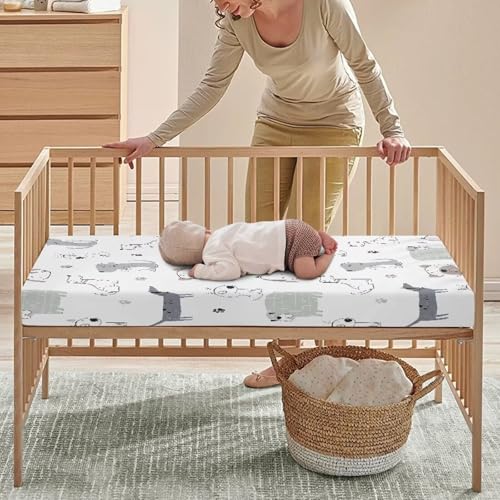 Jianadaer JIANADAER-0709-SC-TN-JW-04 Dog Fitted Crib Sheet White Grey Taupe Blue Standard Crib Mattress Fitted Sheet Modern Puppy Pet Bulldog Toddler Bed Mattress Sheets Crib Mattress Sheet 28 Inchx52 Inch thumb #3