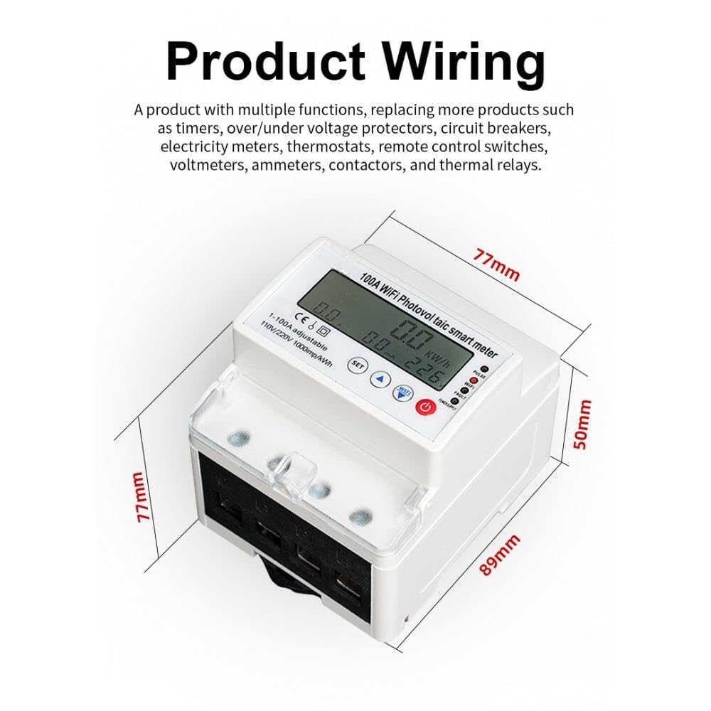 Contatore Elettrico Intelligente WiFi 100A, Misurazione Energia Bidirezionale/Controllo Remoto/Protezione da Sovratensione e Sottotensione, Monitor di Potenza Monofase 4P 110/220V