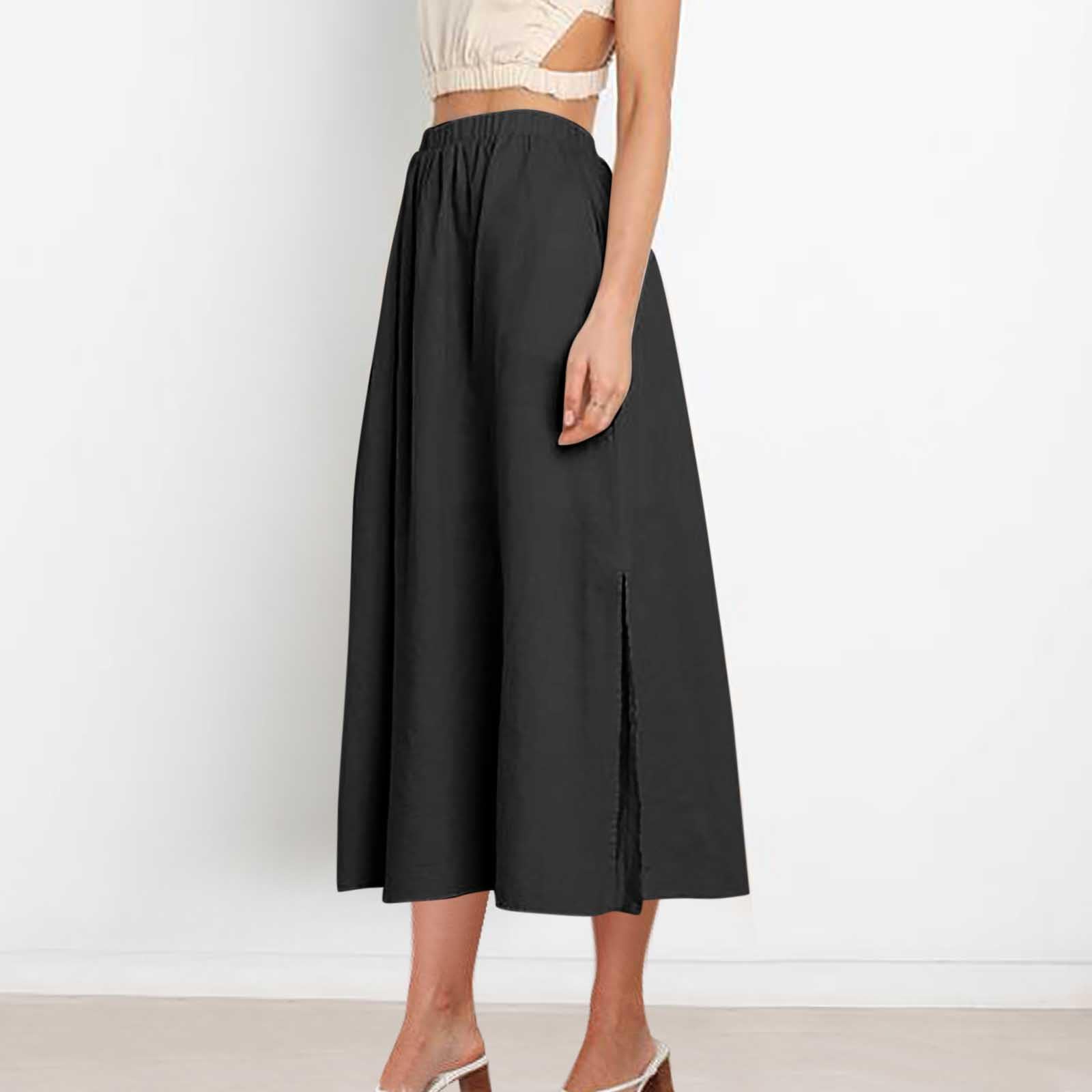 Women's Casual Skirt Elastic High Waist Pleated Flowy A-Line Midi Skirts 2025 Summer Trendy Midi Skirt with Pockets Black