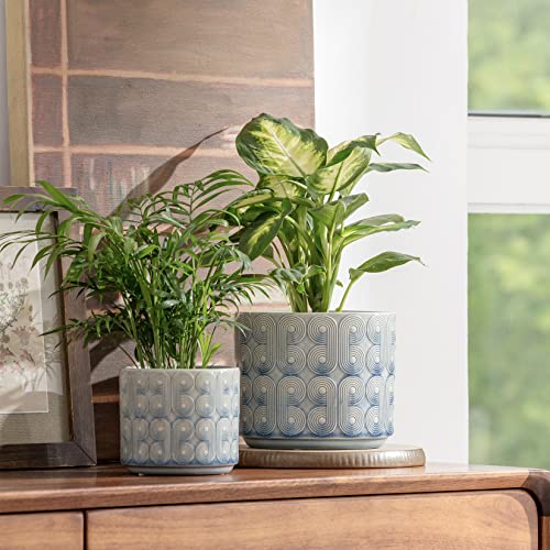 La Jolie Muse Ceramic Planter Set Of 2 - 6.6 Inch Greece Style Embossed Flower Pot W/ Drain Hole For Indoor, W/ Classic Scrolls Pattern, Peacock Blue #TOP1