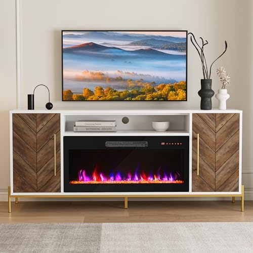 BELLEZE 68" Wood TV Stand with 36" Electric Fireplace, Entertainment Center with Storage Cabinet, Console Table for TVs up to 75 Inches, for Living Room, Bedroom - Harper (White Ebony) - Thumbnail 2