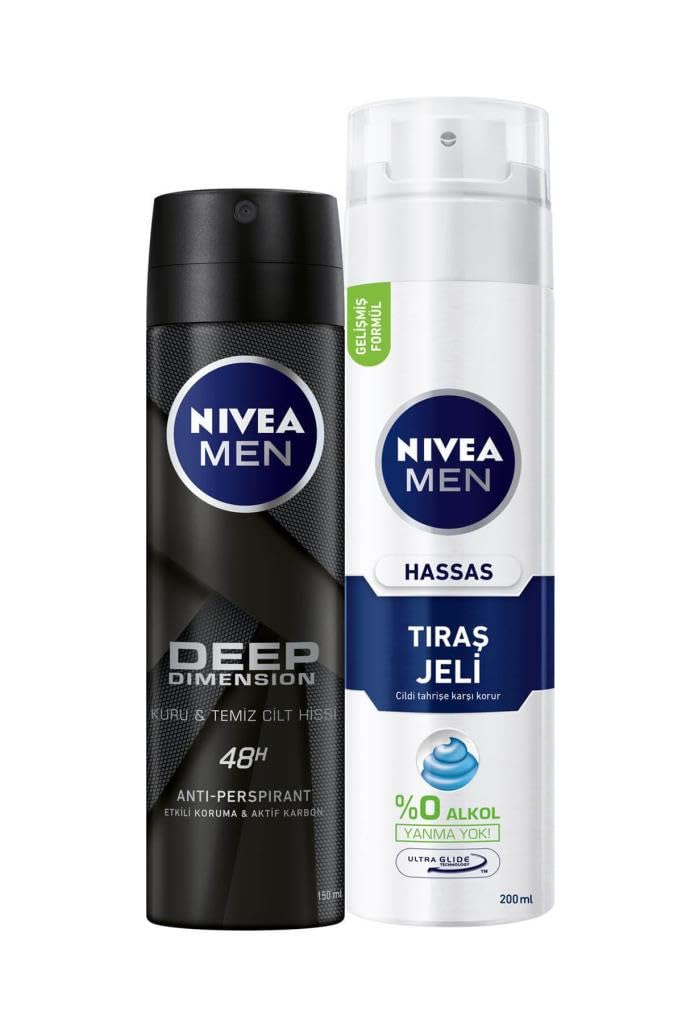 NIVEA Men Erkek Sprey Deodorant Deep Dimension 48 Saat Anti-perspirant Koruma 150ml ve NIVEA Men Hassas Tıraş Jeli 200ml, Hassas Ciltlere Özel Hızlı Koruma, Yanma Karşıtı, Alkolsüz Formül