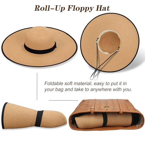 Image of Women Wide Brim Sun Hat UPF50 Straw Summer Hat Floppy Beach Hat Roll-Up