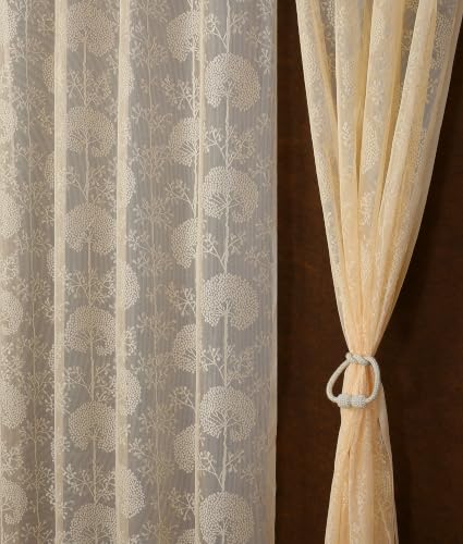 Image of Fabrilia Tree Pattern Net Sheer Curtains for Window 5 feet | Premium Transparent Curtain with Elegant All-Over Tree Design | Cream | Pack of 2