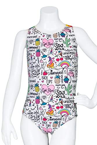 Destira Unicorn Doodles Strappy Gymnastics Leotard For Girls, White With Sayings And Designs, Soft Comfortable Fabric Athletic Wear, Child Medium (8) #TOP1