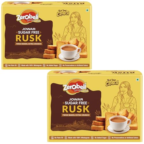 Image of Zerobeli Sugar Free Jowar Rusk - 225g (Pack of 2) | High Fiber Wholegrain Rusks | No Added Sugar, No maida & No Palm Oil | Healthy Snacks for Diabetics & Weight Management