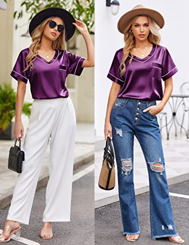 Image of Ekouaer Silk Pajama for Women Short Sleeve Satin Pj Set Two Piece Soft Sleepwear Loungewear S-XXL