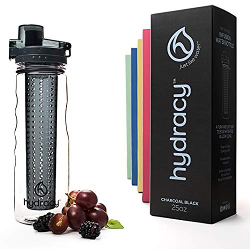 Hydracy Fruit Infuser Water Bottle - 25 Oz Sports Bottle with Full Length Infusion Rod and Insulating Sleeve Combo Set + 27 Fruit Infused Water Recipes eBook Gift - Charcoal Black