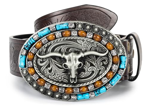 Western Cowboy Belt – Floral Longhorn Bull Buckle Embossed Vintage Genuine Leather Unisex 25