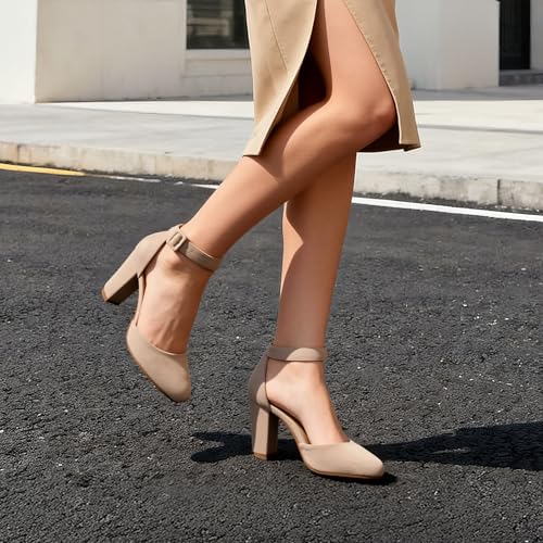 DREAM PAIRS DREAM PAIRS Women's High Heel Ankle Strap Closed Toe Chunky Wedding Party Pumps Shoes,Size 9,Nude/Suede,Angela