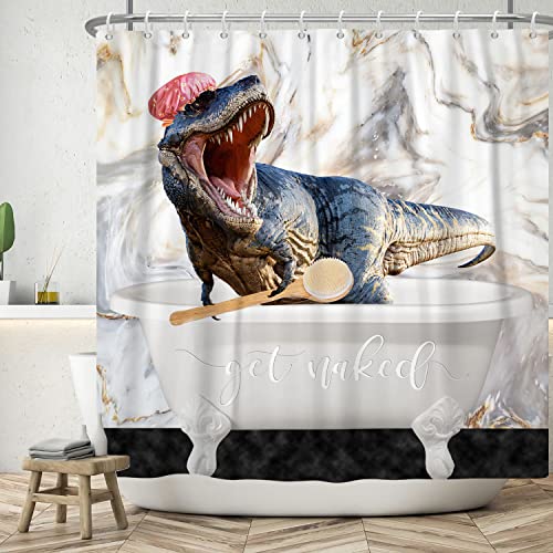 SDOTPMT 120x180cm Get Naked Shower Curtain Funny Dinosaur Showering Ancient Animal Bath Curtain White Grey Marble Luxury Texture Bathtub Curtain for Kids Man Bathroom Polyester with Hooks - Image 2