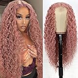 Halcyon Pink Wig for Black Women 26 Inches Long Pink Curly Wigs Middle Part Synthetic Curly Wig for Women Daily Party Use