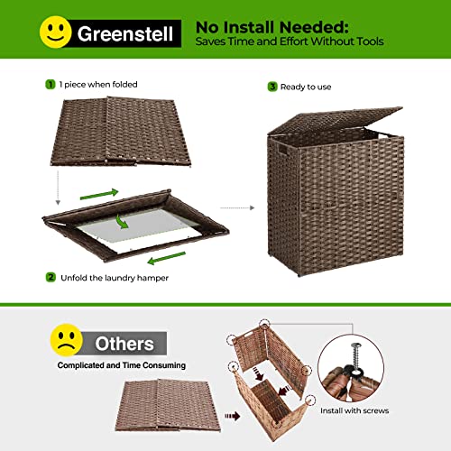Greenstell Laundry Hamper With Lid, No Install Needed, 110L Wicker Laundry Baskets Foldable 2 Removable Liner Bags, 2 Section Clothes Hamper Handwoven Synthetic Rattan Laundry Basket With Handles, Brown 22.2X13.3X24 Inches #TOP2
