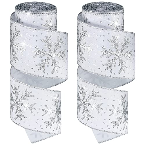 Xinnun Christmas Snowflake Wired Ribbon 2.5 Inches 2 Rolls Satin Glittered Snowflake Wired Edge Christmas Ribbon for Tree Gift Wrapping Home Decorations Bow DIY Craft(12 Yard,White, Silver)