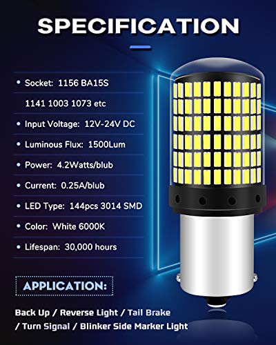Qoope 4Pcs 1500 Lumens 1156 1141 Led Bulb White Super Bright 144Smd Glass Bulb 7506 Ba15S 12-24V Bulb Replacement For Turn Signal/Tail Brake/Reverse Backup/Daytime Running/Rv Camper Interior Light #TOP2