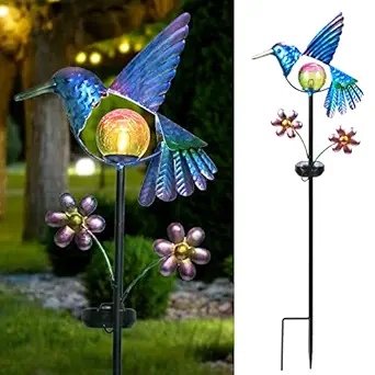 Afirst Solar Garden Stake Lights - Outdoor Waterproof Decorative Solar Lights, Hummingbird LED Warm Crackled Glass Globe Lights for Walkway, Pathway, Yard, Lawn